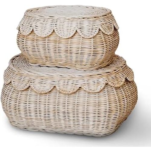 BEBE BASK The Original Scalloped Basket Set Of 2 – Small Scallop Basket - 15 x 11 x 6 In - Hand-Woven & Award-Winning - Elegant Wicker With Scalloped Edge Lid - Nursery Storage - (Natural)
