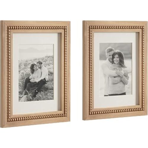 Kate and Laurel Sorell Modern Beaded Coastal Picture Frame Set of 2, 11 x 14 matted to 8 x 10, Natural Wood, Boho Two-Piece Glass Photo Frame Set for Gallery Wall Design in Living Room Wall Decor