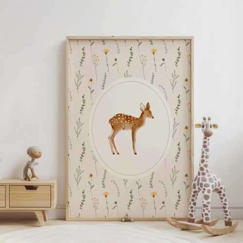 Woodland Deer Nursery Printable Wall Art: Neutral Baby Room Decor Forest Animal Botanical Poster