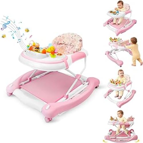 5 in 1 Baby Walker, Music and Lights Walker for Baby Boy Girls 6-12 Months, Foldable Baby Walkers with Wheels and Bouncer Combo Portable, Toddler Infant Walker with Adjustable Height