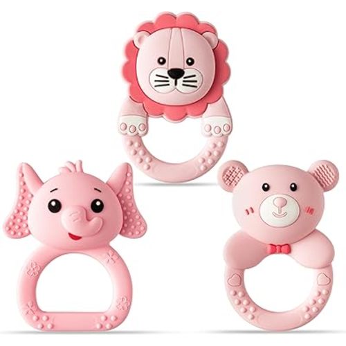 Silicone Teething Toy for Babies - 2ooya 3Pcs Pink Bear Lion Elephant Food Grade Rattle Teether Infant BPA Free Sore Gums Pain Teething Relief Chew Sensory Toy for Newborn Girl Baby Shower Birthday
