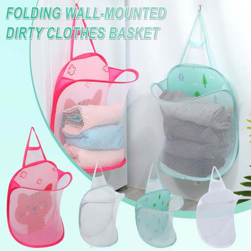 XGFHYJEH Folding Hanging Laundry Basket, Collapsible Mesh Dirty Clothes Storage Basket, Large Clothes Hamper for Baby Kids Nursery, Foldable Laundry Bag, Decorative Storage Container