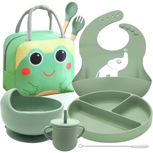 Baby Weaning Set with Adjustable bib | Baby Feeding Set with Sippy Cup, Suction Plate, Bowl & Self-Feeding Cutlery | Silicone Feeding Essentials Dishwasher & Microwave Safe (Green)