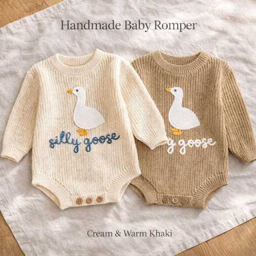 Silly Goose Baby Romper – Neutral Baby Outfit – Cute Baby Romper – Newborn Baby Gift – Baby Shower Gift – Cream Knit Baby Outfit UK