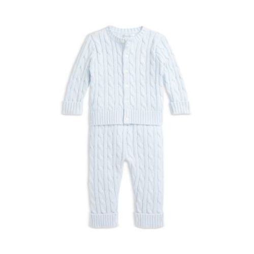 Cable Knit Cotton Cardigan & Pant Set - Baby Pink