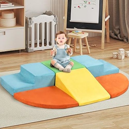 Nuturelly Foam Baby Climbing Blocks Play Set for Kids Climbing and Crawling, 6 PCS Climbing Toys for Toddlers 3-12 Inside, Baby Gym Activity Set for Toddler Playground and Bedroom,Suede Texture