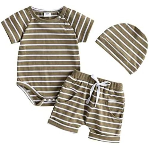 TheFound Toddler Baby Boys Clothes Summer Striped Short Sleeve Jumpsuit Romper Elastic Casual Shorts Hat Casual Outfit