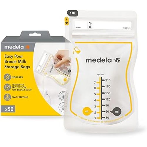 Medela Easy Pour Disposable Breastmilk Storage Bags, 210 ml Capacity, Leakproof Design with Milk Protection, Made Without BPA, Pack of 50