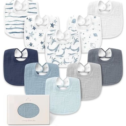 Konssy 10-Pack Muslin Baby Bibs, Soft Cotton Bandana Bibs for Drooling & Teething, Unisex Solid Colors for Boys & Girls, Newborn & Infant