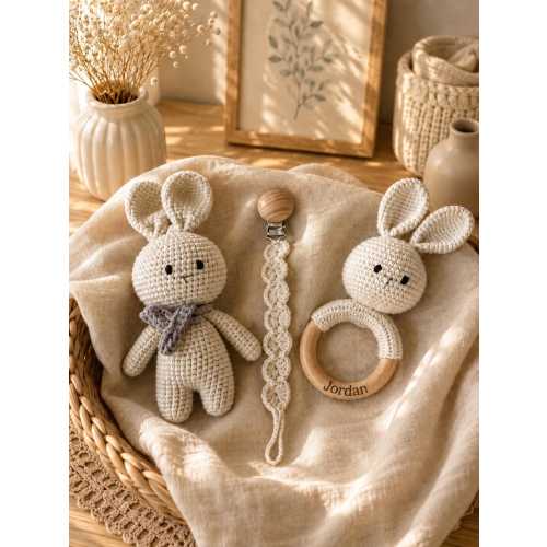 Personalized Crochet Bunny Baby Gift Set, Baby Rattle, Crochet Toy & Pacifier Clip, Baby Shower Gift