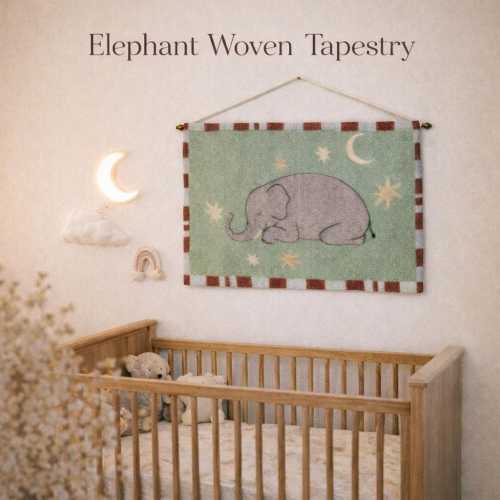 Sleeping Elephant Nursery Tapestry, Safari Woven Decor, Baby Room Wall Hanging