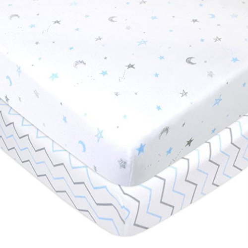 American Baby Company 2 Pack 100% Natural Cotton Fitted Mini Crib Sheets 38" x 24" - Soft & Breathable Small Nesting Portable Sheets, Fits Pack N Play Mattresses, Blue Star/Zigzag, for Boys & Girls