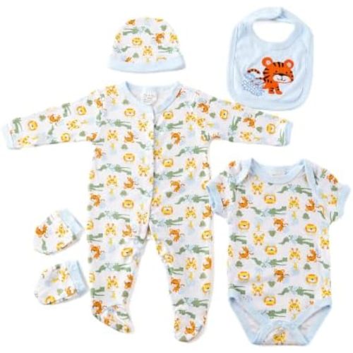 Newborn Baby Clothes 5 Piece Set 100% Cotton Long Short Sleeve Bodysuit Hat Infant Outfit Essentials 0-6 Months