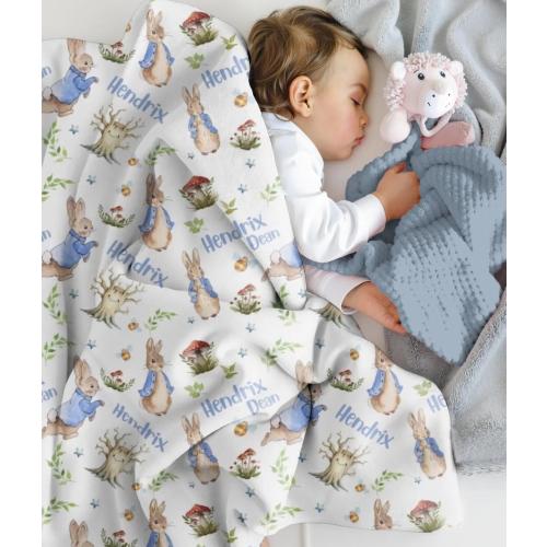 Personalized Baby Boy Swaddle Blanket, Peter the Rabbit Baby Blanket, Woodland Minky for Newborn, Keepsake Baby Shower Gift