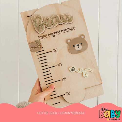 Personalised Growth Chart - TEDDY BEAR  | Neutral Room Decor | Bear Theme | Wooden Ruler | Measure | Baby Height | 1st Birthday | Baby Bear