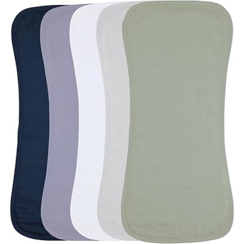 Featherhead 5 Pack Muslin Baby Burp Cloths for Boys & Girls, 22" X 11", Premium Cotton Muslin and Terry Spit up Rags, Super Soft and Absorbent (Blue Solids)