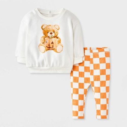 Grayson Threads Mini Baby 2pc Halloween Teddy Bear Pumpkin Sweatshirt and Pants Set - Off-White 0-3M