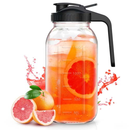 64 OZ Cold Brew Coffee Maker Pitcher, 2-Quart Glass Mason Jar Pitcher With Handle and Flip Cap, Wide Mouth Jar Airtight & Leak-Proof For Iced Coffee Tea Lemonade - Black