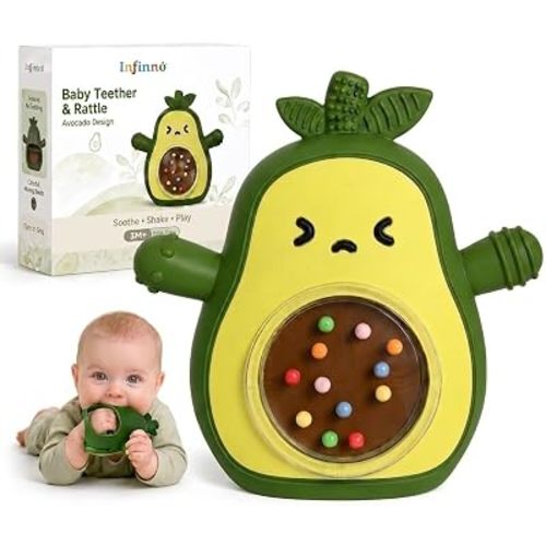 Baby Teether 3-12 Months, Avocado Silicone Rattle Toy