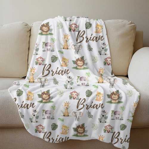 Safari Animal Name Blanket, Personalized Blanket, Jungle Theme Nursery Decor, Neutral Boy or Girl Gift, Custom Plush Throw, Baby Shower Gift