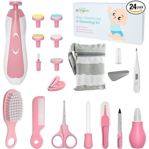 Baby Healthcare and Grooming Kit, 24 in 1 Baby Electric Nail Trimmer Set Newborn Nursery Health Care Set for Newborn Infant Toddlers Baby Boys Girls Kids Haircut Tools (0-3 Years+) (Pink)