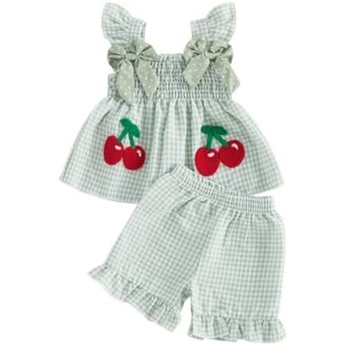 fhutpw Baby Toddler Girl Clothes Strawberry Embroidery Bow Tie Plaid Tops Dress Ruffle Shorts Set Summer Infant Shirt Outfits