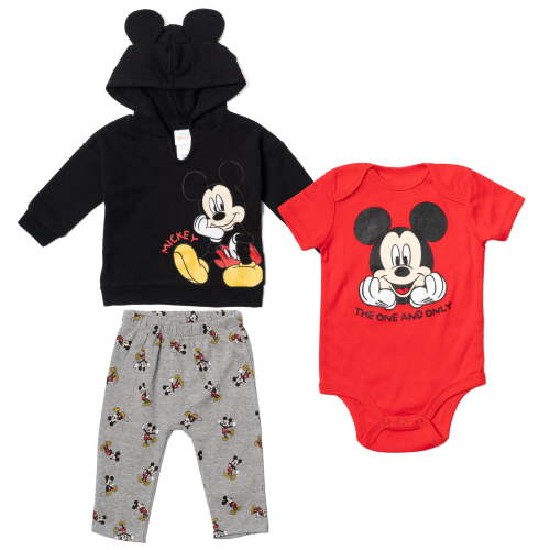 Disney Mickey Mouse Newborn Baby Boy or Girl Fleece Pullover Hoodie Bodysuit and Pants 3 Piece Outfit Set Newborn to Infant