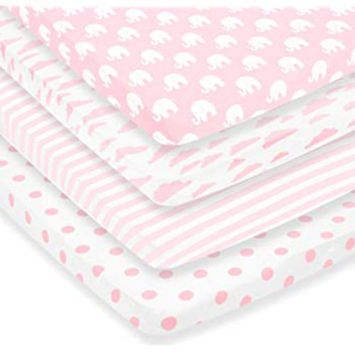 Pack n Play Sheets – Premium Pack and Play Sheet Set - 4 Pack – 100% Super Soft Jersey Knit Cotton Playard Mattress Sheets – Portable Playpen Fitted Play Yard Mini Crib Sheet For Girl (24 x 38 x 5)