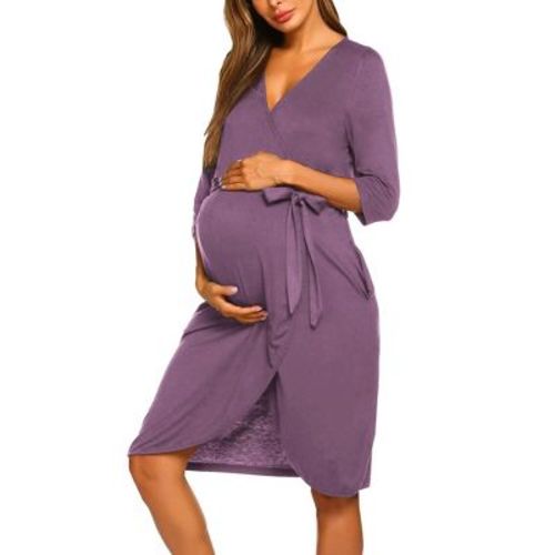 Ekouaer Maternity Robe Nursing Robes for Hospital Labor Delivery V Neck Pregnancy Bathrobe Womens Postpartum Nightgown Purple L