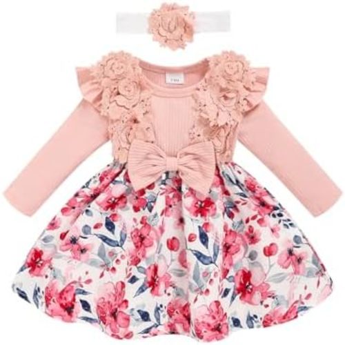 Baby Girl Dress Fall Flower Ruffle with Lace Headband Toddler Girls 3M-3T Infant Dresses Winter Baby Girl Clothes