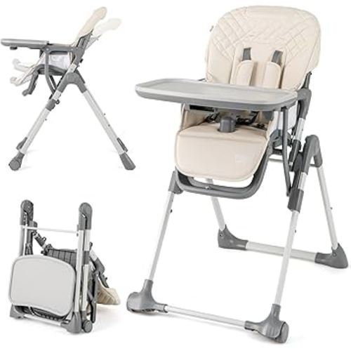 BABY JOY Foldable High Chair for Babies and Toddlers, Portable Adjustable Highchair with Footrest, Detachable Tray, Easy to Clean PU Seat Cushion, 5-Point Safety Belt and Built-in Wheels (Beige)