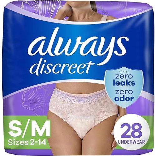 Always Discreet Adult Incontinence Underwear for Women and Postpartum Underwear, Size S/M, Up to 100% Bladder Leak Protection, 28 Count
