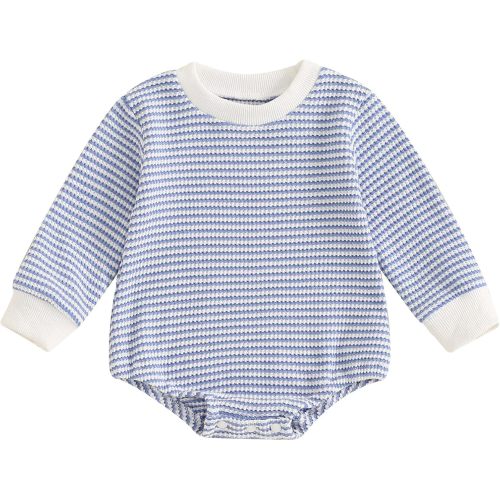 VISGOGO Unisex Baby Boy Girl Striped Romper Waffle Long Sleeve Bubble Oversized Romper Bodysuit Top Fall Onesie Clothes (Blue, 3-6 Months)