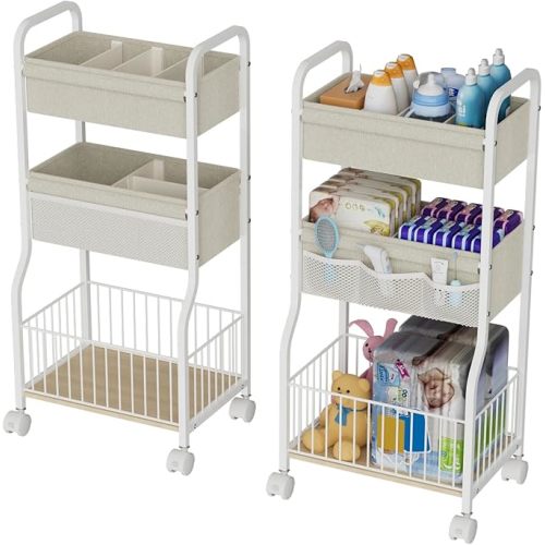 3-tier Baby Diaper Caddy Organizer and Storage Cart with 4+3 Dividers, Metal Utility Cart with Lockable Wheels for Nursery, Bedroom, Bathroom, White