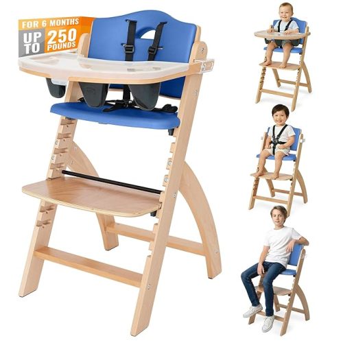 Abiie Beyond Junior Wooden High Chair, Natural Wood with Blueberry Cushion