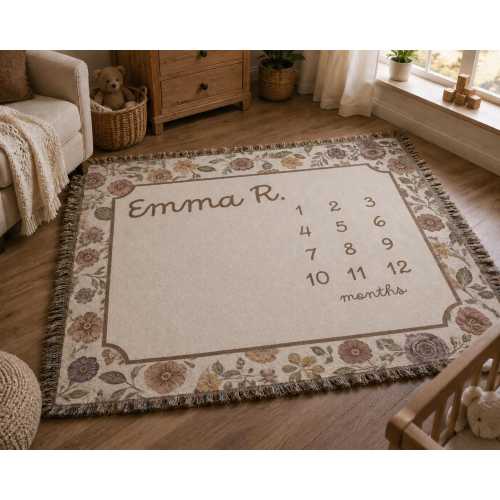 Personalized Baby Girl Milestone Blanket, Custom Floral Monthly Blanket With Name, Wildflower Woven Blanket, Baby Shower Gift Newborn
