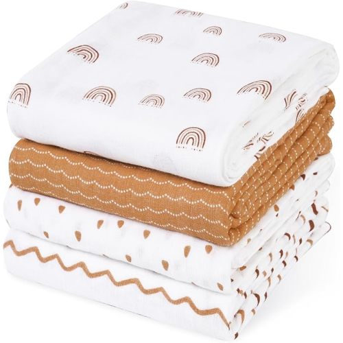 david's kids 4 Pack Baby Muslin Swaddle Blankets, 100% Cotton and Ultra Soft Breathable Receiving Blanket Wrap for Boys Girls, New Born Essentials, Large 47 x 47 inches, Rainbow/Wave