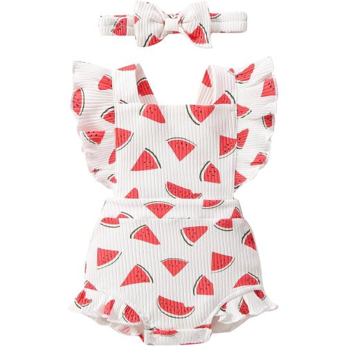QITUDATEY Baby Girl Clothes Romper Summer Ruffle Sleeve Jumpsuit 0-12M | Infant Cute Outfits with Headband, Cotton Soft and Breathable, Baby Essentials Girl