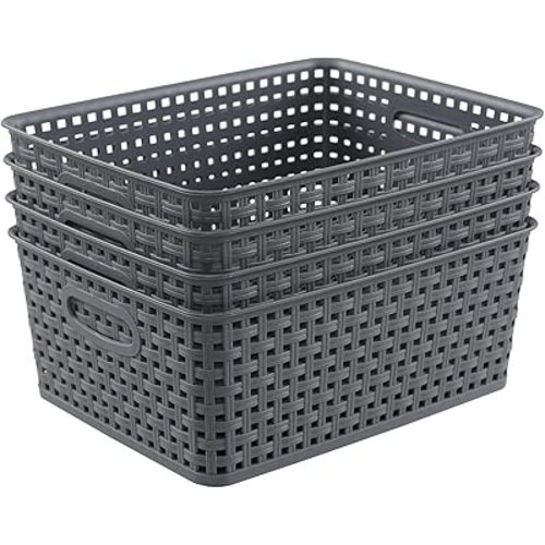 Readsky Plastic Woven Storage Basket with Handle, Gray, 4 Packs