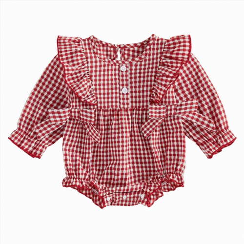 enyan Newborn Baby Girl Fall Clothes Peter Pan Collar Plaid Flower Smocked Bubble Long Sleeve Romper One Piece Outfit Red,0-3 Months