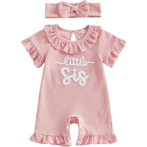 allshope Newborn Baby Girl Summer Outfit Romper Letter Embroidery Ruffle Collar Jumpsuit Bodysuit Cute Infant Waffle Clothes