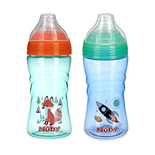 Nuby 2 Pack No Spill Printed Thirsty Kids No-Spill Sip-it Sport Cup with Soft Spout and Lid - 12oz, 12+ Months, 2 Pack, rocket/fox