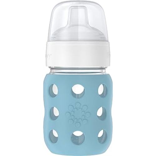 Lifefactory 8-Ounce Wide Neck Glass Baby Bottle with Protective Silicone Sleeve and Sippy Spout, Denim (LG2251WDE4)