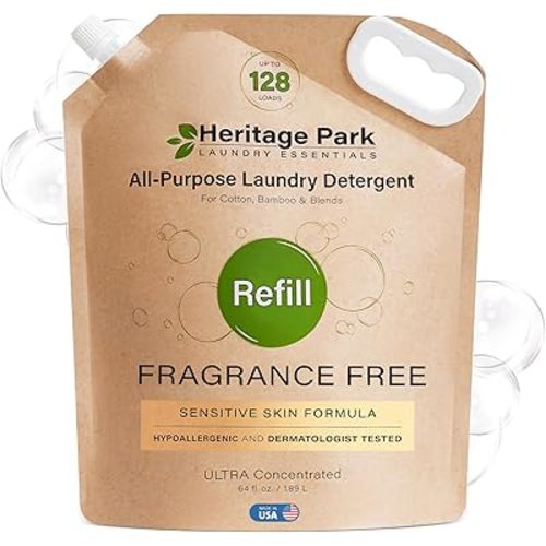 Heritage Park All-Purpose Fragrance Free, Hypoallergenic, pH-Neutral Laundry Detergent - Dermatologist-tested, Sensitive Skin-Friendly, Stain-Fighting Enzymes, 3x Concentrated (64 fl oz Refill Pouch)