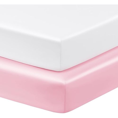 Horbaunal 2 Pack Satin Pack n Play Sheets for Baby with Sensitive Hair and Skin, Silky Mini Crib Sheets 38" x 24" x 5", Soft Playard Sheet Protector Baby Mattress Sheet, Blush Pink & Violet