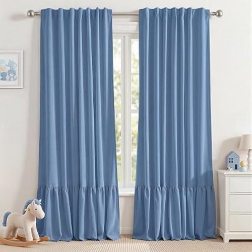 Ruffle Double Layer Blackout Curtains 96 Inch, Farmhouse Thermal Insulated Drapes with White Liner, Back Tab Window Curtains for Boys Bedroom Living Room, 2 Panels Blue (52" W x 96" L)