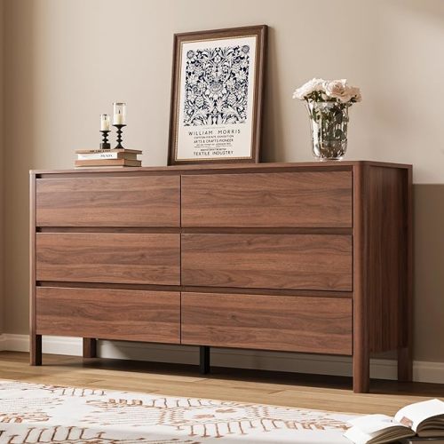 MAISONARIA Walnut Dresser for Bedroom, 55.1" Wide Dresser with 6 Drawers and Hidden Handles, Modern Wood Chest of Drawers for Clothes and Accessories, Stylish Storage Cabinet for Living Room, Entryway