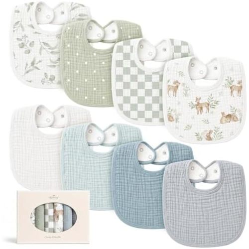 Konssy 8-Pack Muslin Baby Bibs, Adjustable Fit for Drooling and Teething