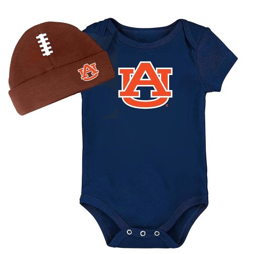 Auburn Tigers Baby Navy Onesie and Brown Football Cap Set