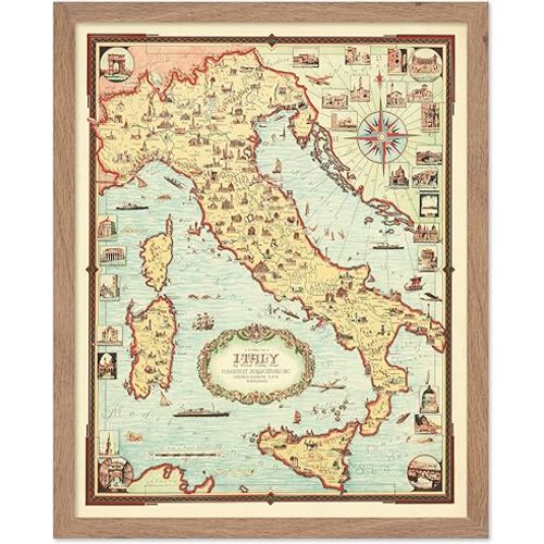 Monem Art Vintage Map Poster - Historic Pictorial Italy Print - Italian Story Map with Vatican City - Great Wall Decor Gift for Home, Office, Living Room, 8x10 Beige Framed